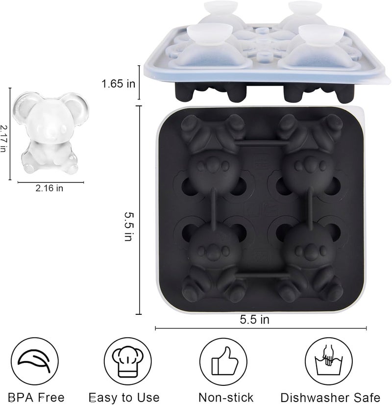 Nerien Koala Ice Cube Tray Mold - 3D Koala Shape Ice Cube Trays, Cute Ice Cube Molds for Whiskey Bourbon, 4-Hole Large Fun Shapes Ice Cube Trays, Funny Koala Gifts for Koala Animal Lovers Women Men - Image 2